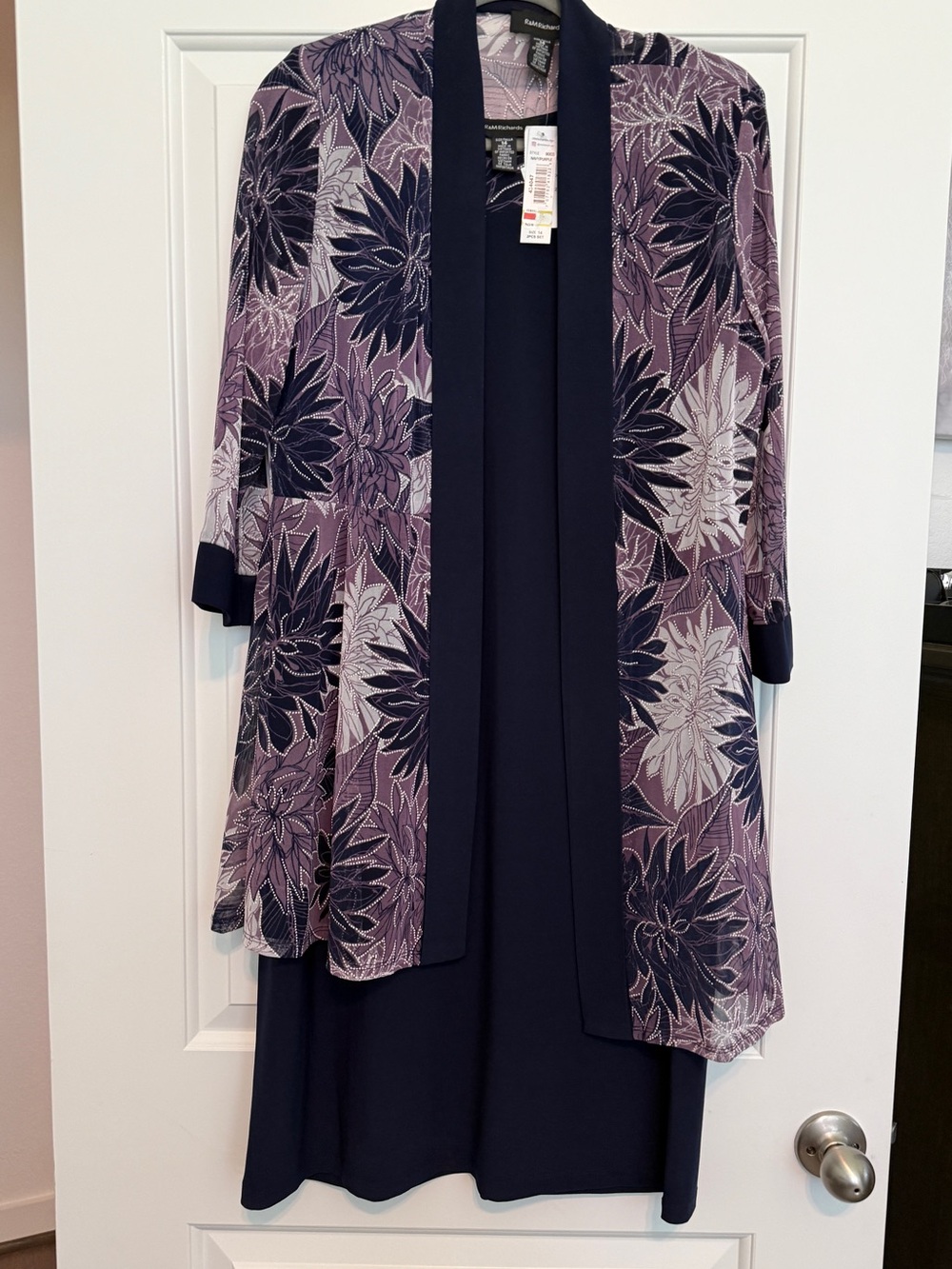 NWT R&M Richards Navy Blue Purple Floral Two-Piece Dress & Jacket Set Sz 14